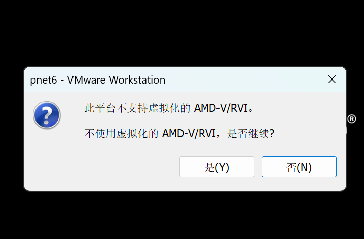 此平台不支持虚拟化的 AMD-V/RVI。  不使用虚拟化的 AMD-V/RVI，是否继续?